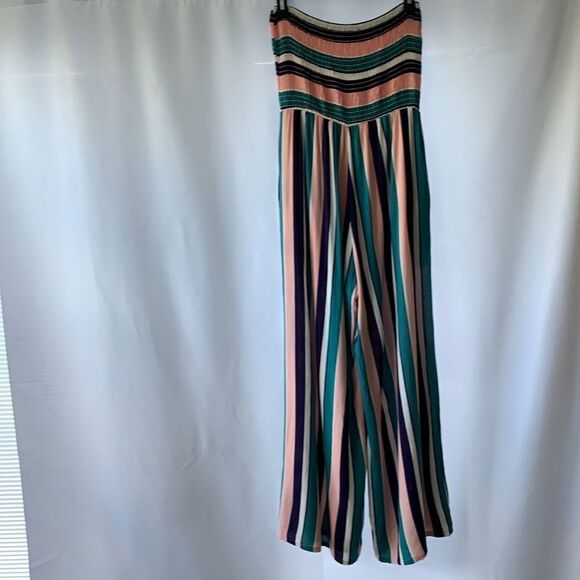 Peach Love medium strapless jumper.  Multi color striped - Picture 1 of 9